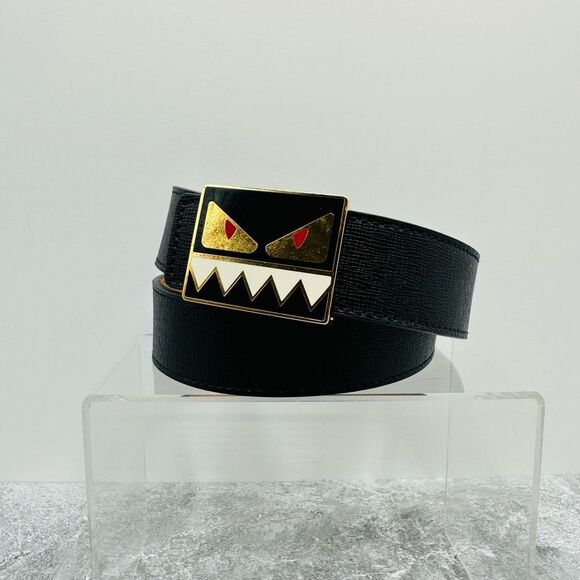 Fendi Monster Black & Gold Bug Eye Buckle Calf Skin Leather Belt Size 75 cm 30 i main image 6